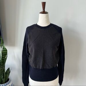 All Saints Navy Crew Neck Sweater with Gold Cross Stitching